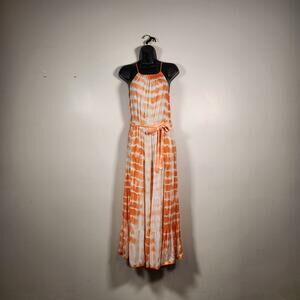 MILLENIUM Sundress Maxi Dress Womens Small S Orange White Tie Dye Tiered Beachy